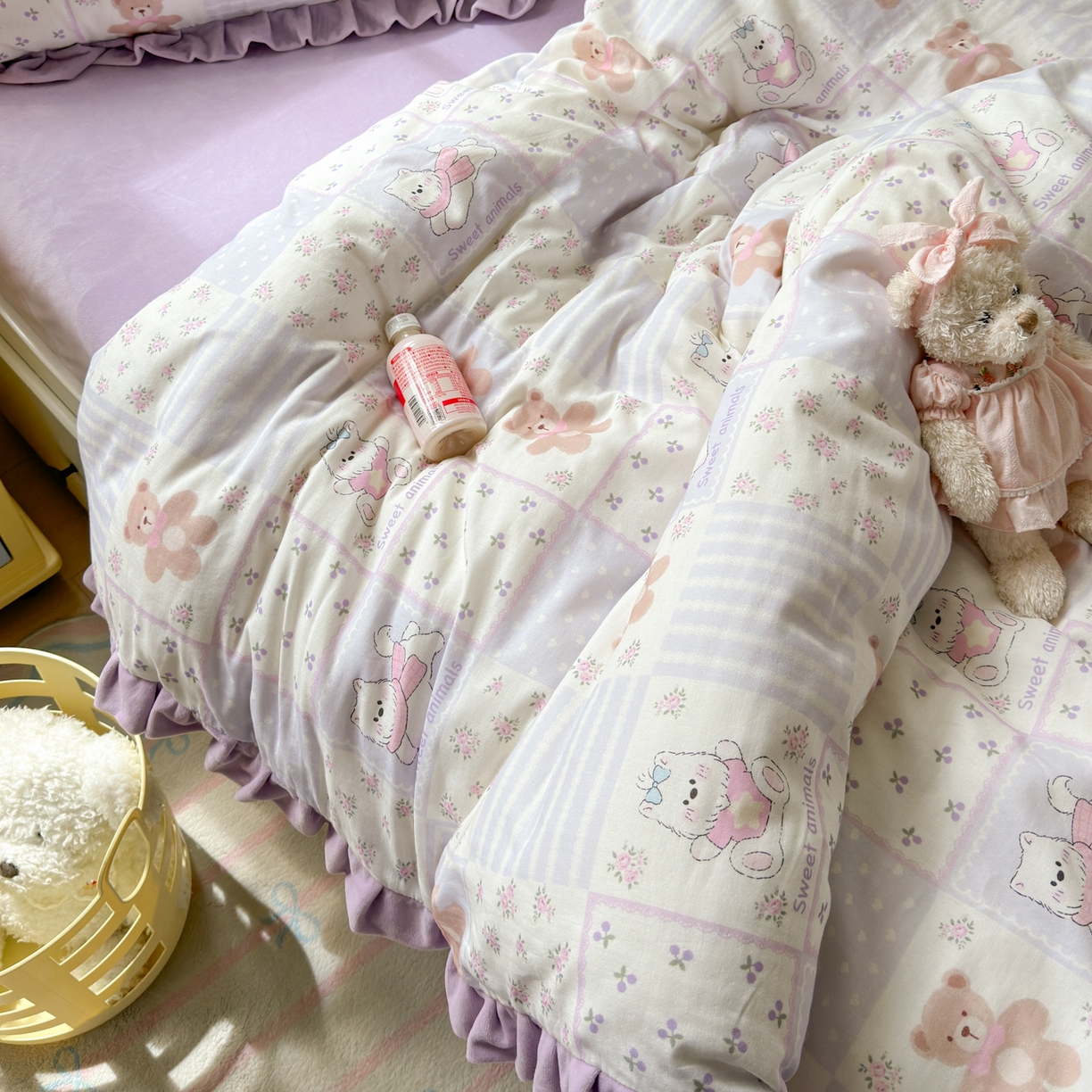 91家纺网 家纺一手货源 找家纺 淑女公社家纺 2025秋冬新款纯棉双层纱加韩国绒四件套 欢乐熊