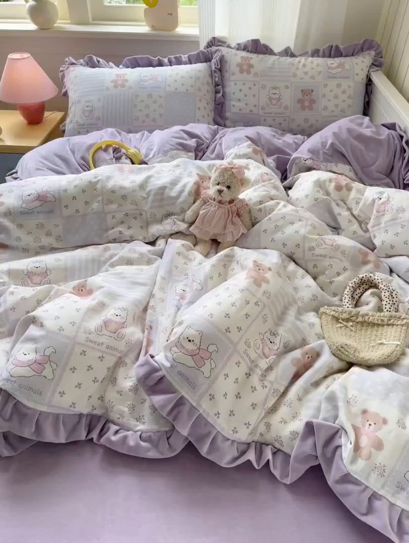 91家纺网 家纺一手货源 找家纺 淑女公社家纺 2025秋冬新款纯棉双层纱加韩国绒四件套 欢乐熊