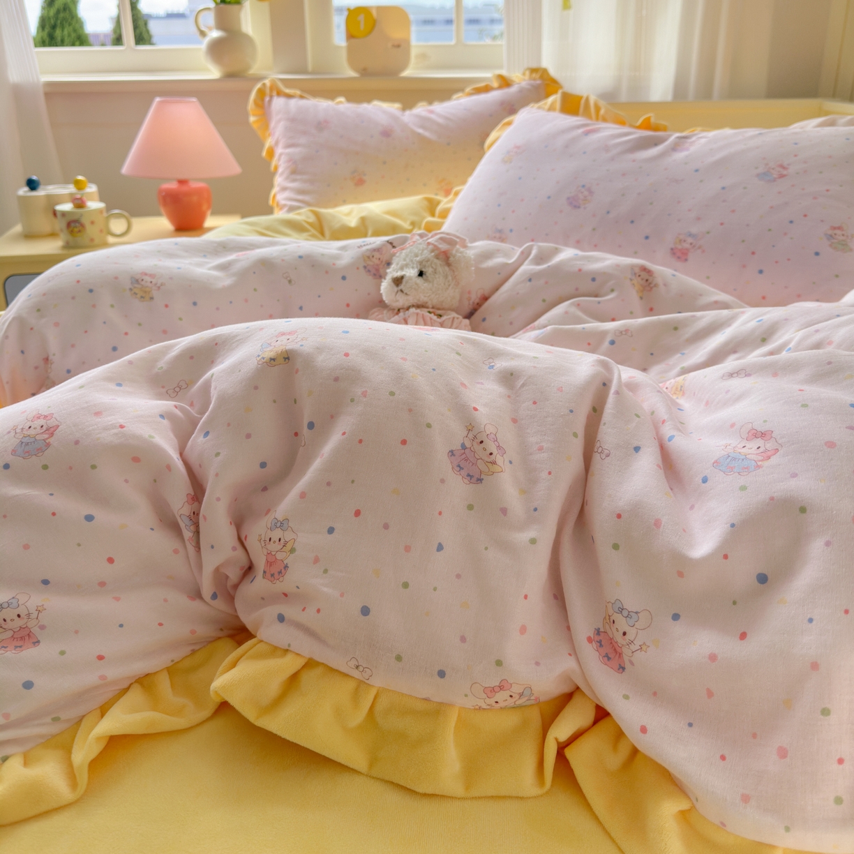 淑女公社家纺 2025秋冬新款纯棉双层纱加韩国绒四件套 萌萌小兔