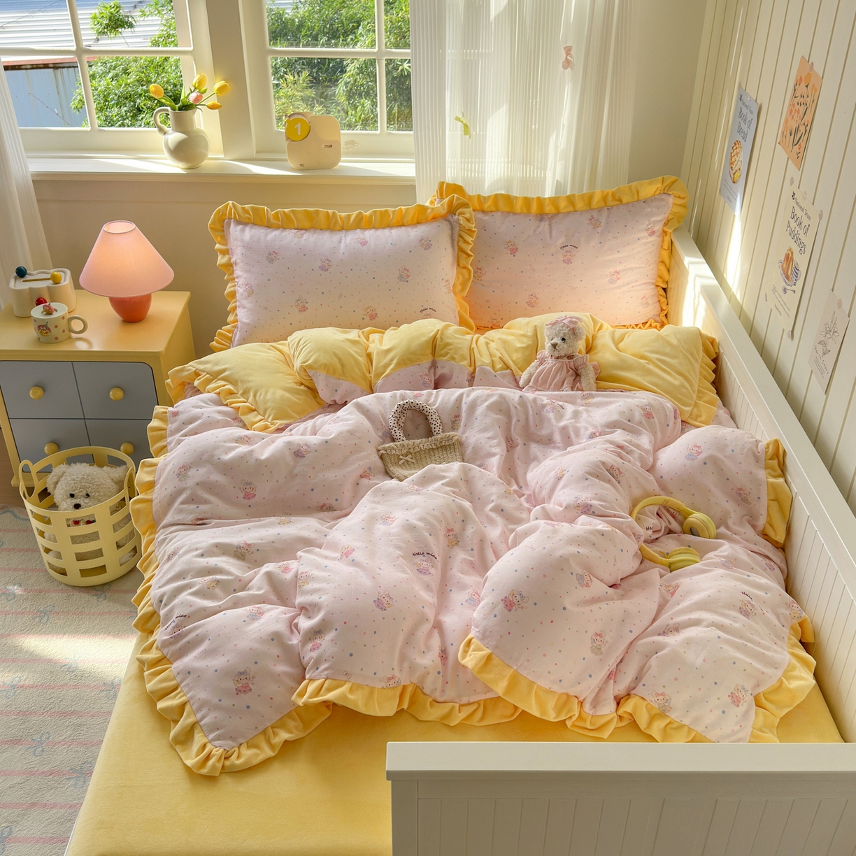 91家纺网 家纺一手货源 找家纺 淑女公社家纺 2025秋冬新款纯棉双层纱加韩国绒四件套 萌萌小兔