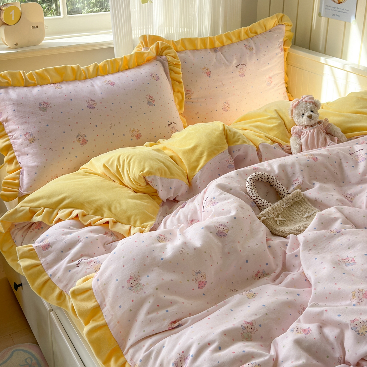 91家纺网 家纺一手货源 找家纺 淑女公社家纺 2025秋冬新款纯棉双层纱加韩国绒四件套 萌萌小兔