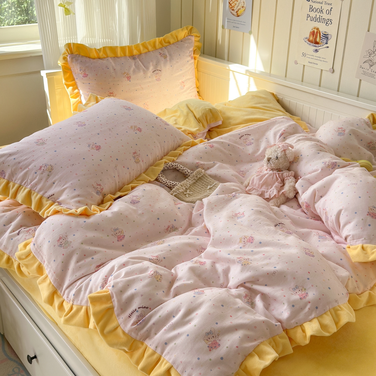 91家纺网 家纺一手货源 找家纺 淑女公社家纺 2025秋冬新款纯棉双层纱加韩国绒四件套 萌萌小兔