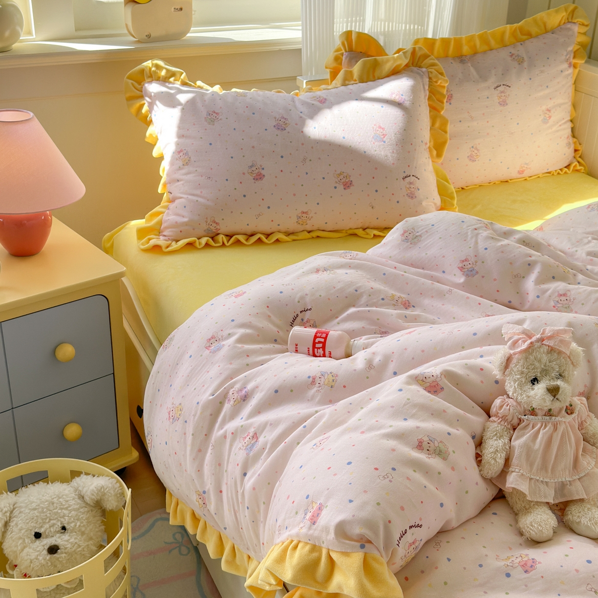 91家纺网 家纺一手货源 找家纺 淑女公社家纺 2025秋冬新款纯棉双层纱加韩国绒四件套 萌萌小兔