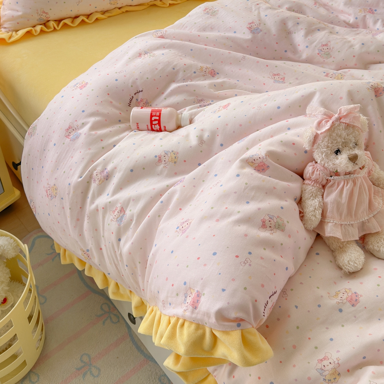 91家纺网 家纺一手货源 找家纺 淑女公社家纺 2025秋冬新款纯棉双层纱加韩国绒四件套 萌萌小兔