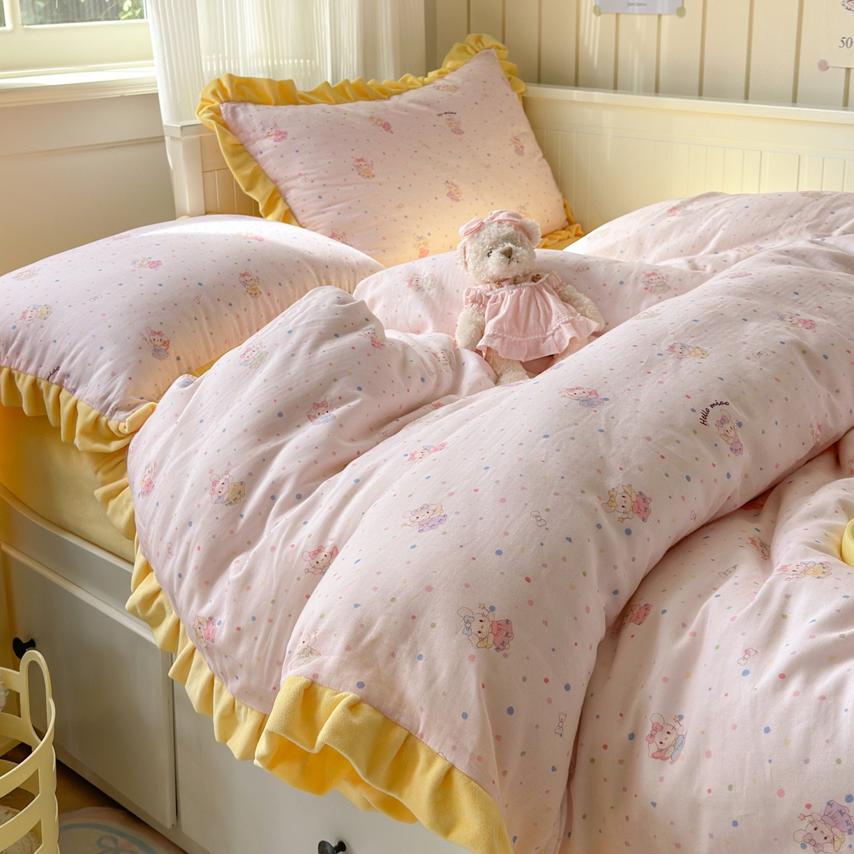 91家纺网 家纺一手货源 找家纺 淑女公社家纺 2025秋冬新款纯棉双层纱加韩国绒四件套 萌萌小兔