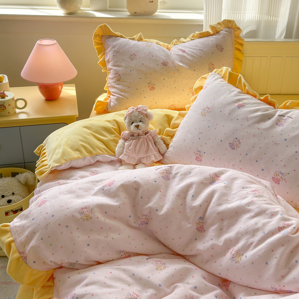 91家纺网 家纺一手货源 找家纺 淑女公社家纺 2025秋冬新款纯棉双层纱加韩国绒四件套 萌萌小兔