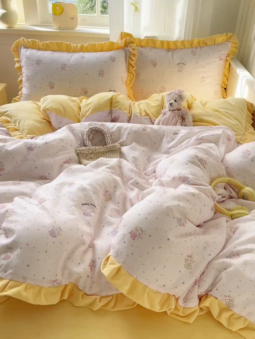 91家纺网 家纺一手货源 找家纺 淑女公社家纺 2025秋冬新款纯棉双层纱加韩国绒四件套 萌萌小兔