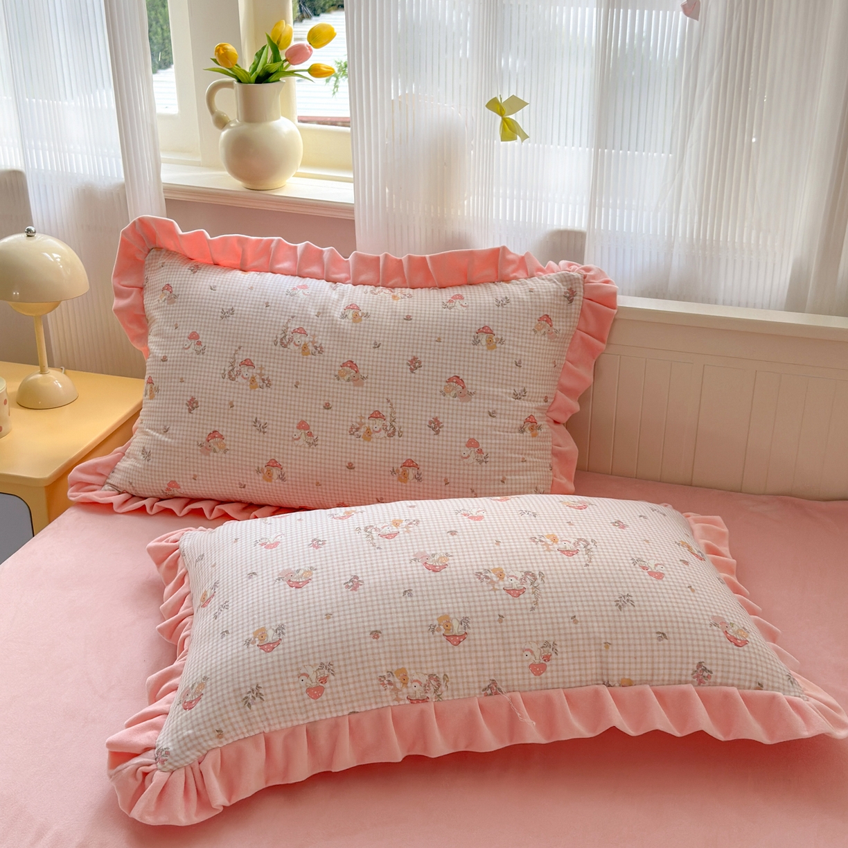 91家纺网 家纺一手货源 找家纺 淑女公社家纺 2025秋冬新款纯棉双层纱加韩国绒四件套 蘑菇小兔