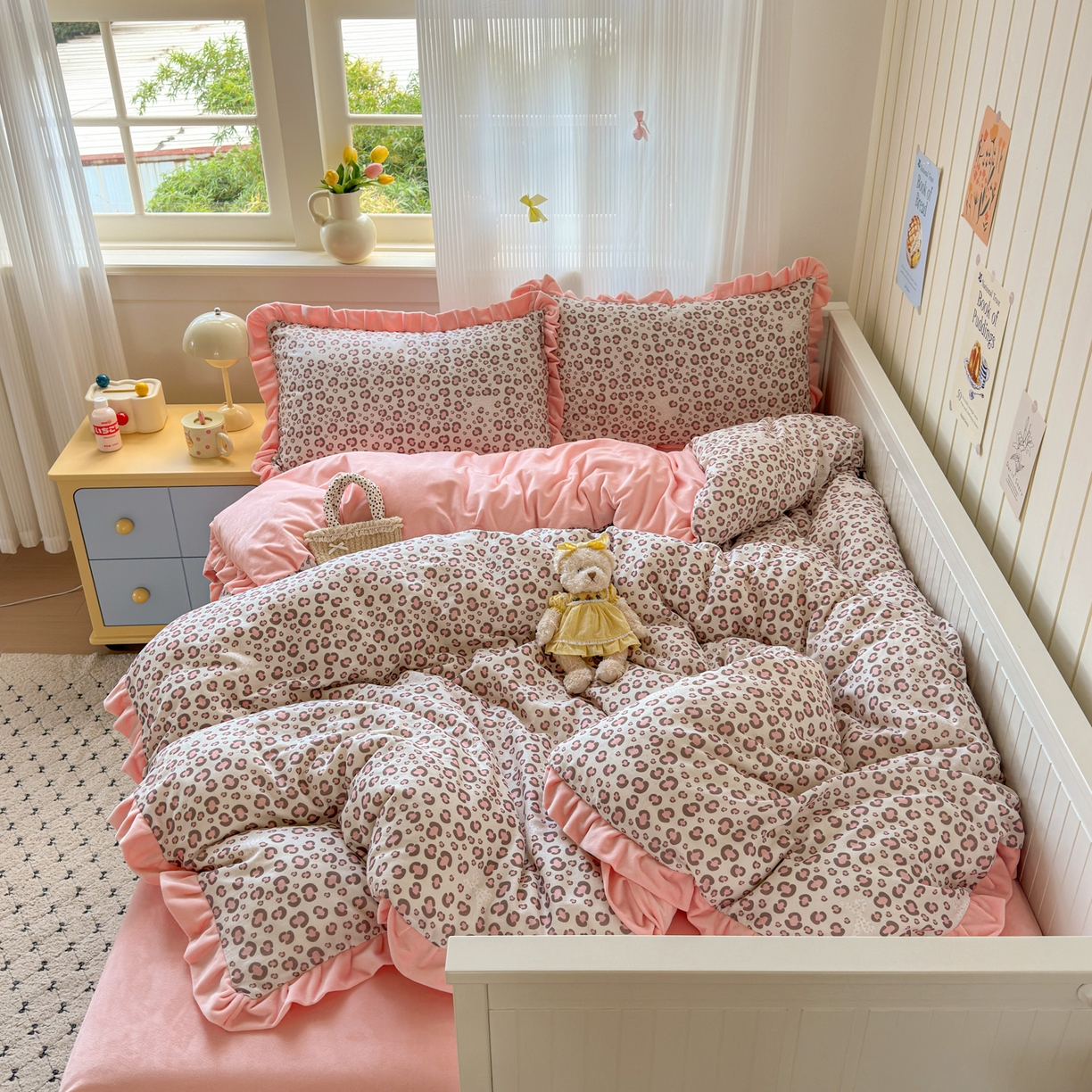 91家纺网 家纺一手货源 找家纺 淑女公社家纺 2025秋冬新款纯棉双层纱加韩国绒四件套 甜酷女孩 粉