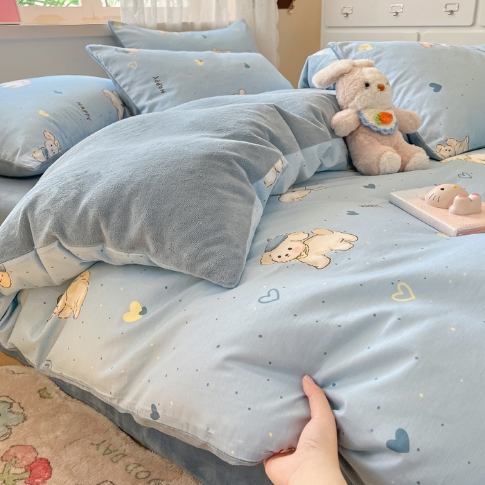 91家纺网 家纺一手货源 找家纺 瑞莱 2025新款秋冬网红款棉加绒四件套 棉绒帽子小奶狗