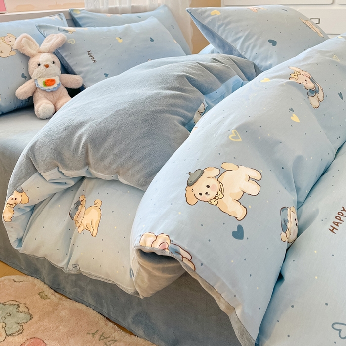 91家纺网 家纺一手货源 找家纺 瑞莱 2025新款秋冬网红款棉加绒四件套 棉绒帽子小奶狗