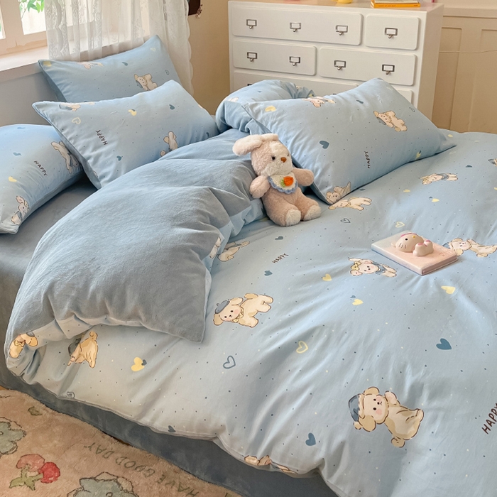 91家纺网 家纺一手货源 找家纺 瑞莱 2025新款秋冬网红款棉加绒四件套 棉绒帽子小奶狗