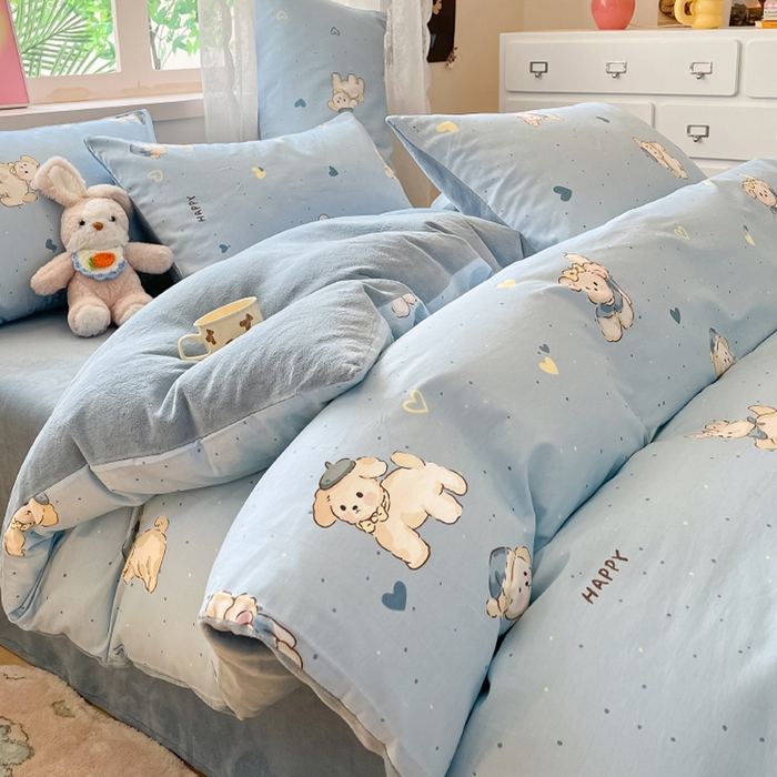 91家纺网 家纺一手货源 找家纺 瑞莱 2025新款秋冬网红款棉加绒四件套 棉绒帽子小奶狗