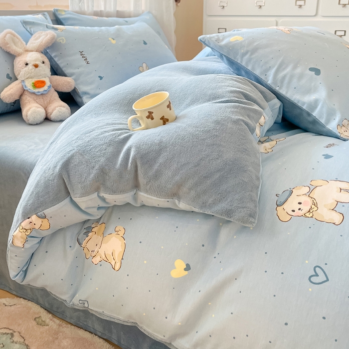 91家纺网 家纺一手货源 找家纺 瑞莱 2025新款秋冬网红款棉加绒四件套 棉绒帽子小奶狗