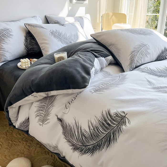 91家纺网 家纺一手货源 找家纺 瑞莱 2025新款秋冬网红款棉加绒四件套 落羽