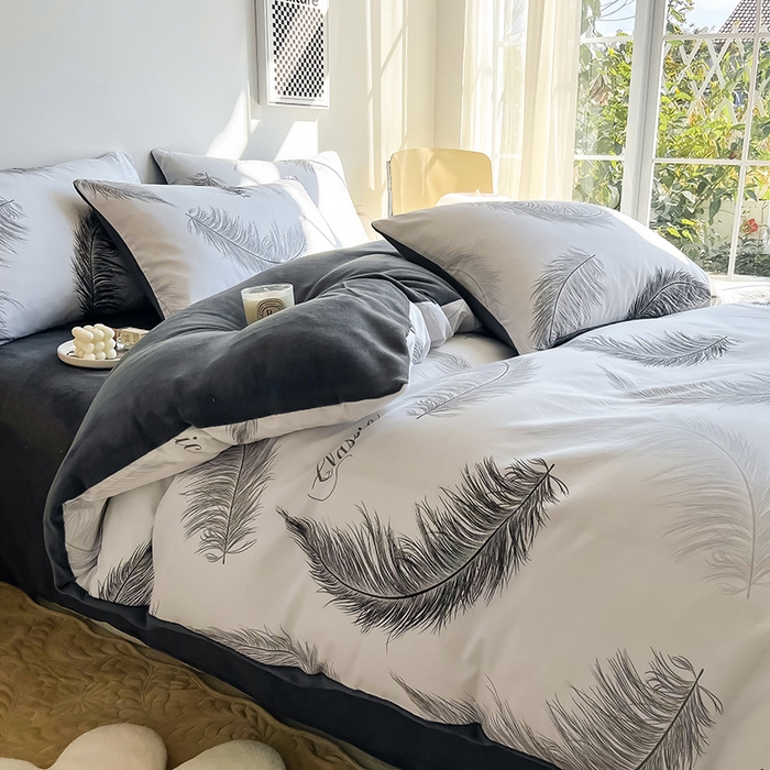 91家纺网 家纺一手货源 找家纺 瑞莱 2025新款秋冬网红款棉加绒四件套 落羽