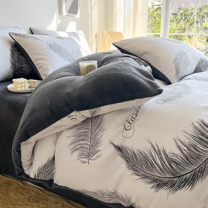 91家纺网 家纺一手货源 找家纺 瑞莱 2025新款秋冬网红款棉加绒四件套 落羽