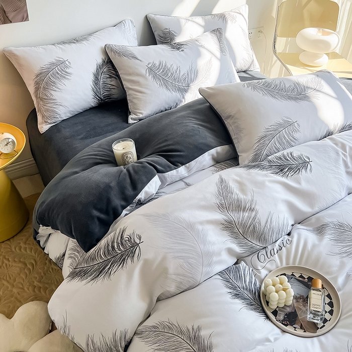 91家纺网 家纺一手货源 找家纺 瑞莱 2025新款秋冬网红款棉加绒四件套 落羽