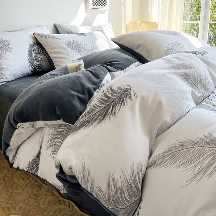 91家纺网 家纺一手货源 找家纺 瑞莱 2025新款秋冬网红款棉加绒四件套 落羽