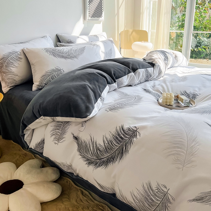 91家纺网 家纺一手货源 找家纺 瑞莱 2025新款秋冬网红款棉加绒四件套 落羽