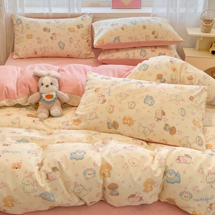 91家纺网 家纺一手货源 找家纺 瑞莱 2025新款秋冬网红款棉加绒四件套 棉绒狗狗家族