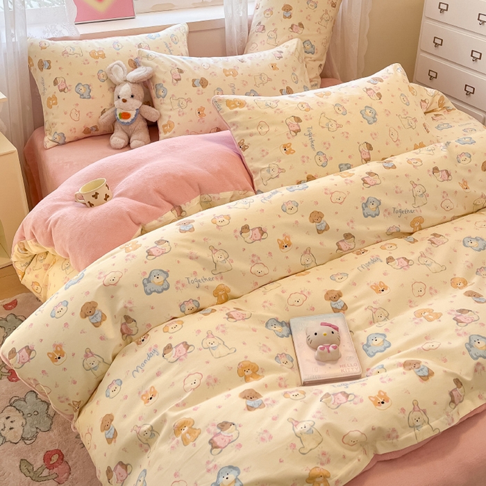 91家纺网 家纺一手货源 找家纺 瑞莱 2025新款秋冬网红款棉加绒四件套 棉绒狗狗家族