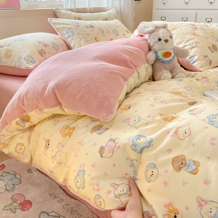 91家纺网 家纺一手货源 找家纺 瑞莱 2025新款秋冬网红款棉加绒四件套 棉绒狗狗家族