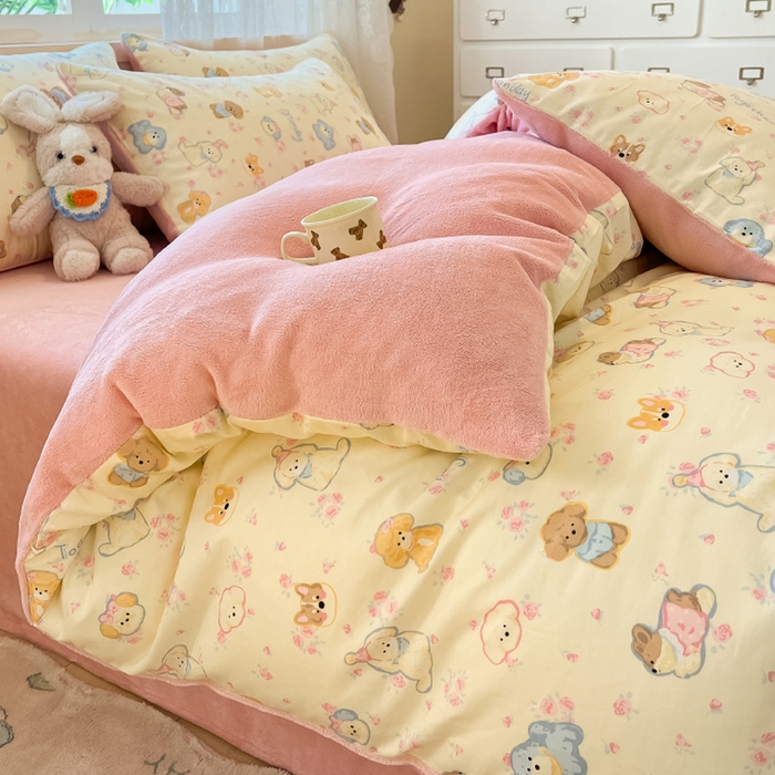 91家纺网 家纺一手货源 找家纺 瑞莱 2025新款秋冬网红款棉加绒四件套 棉绒狗狗家族