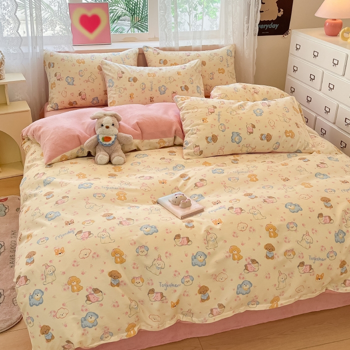 91家纺网 家纺一手货源 找家纺 瑞莱 2025新款秋冬网红款棉加绒四件套 棉绒狗狗家族