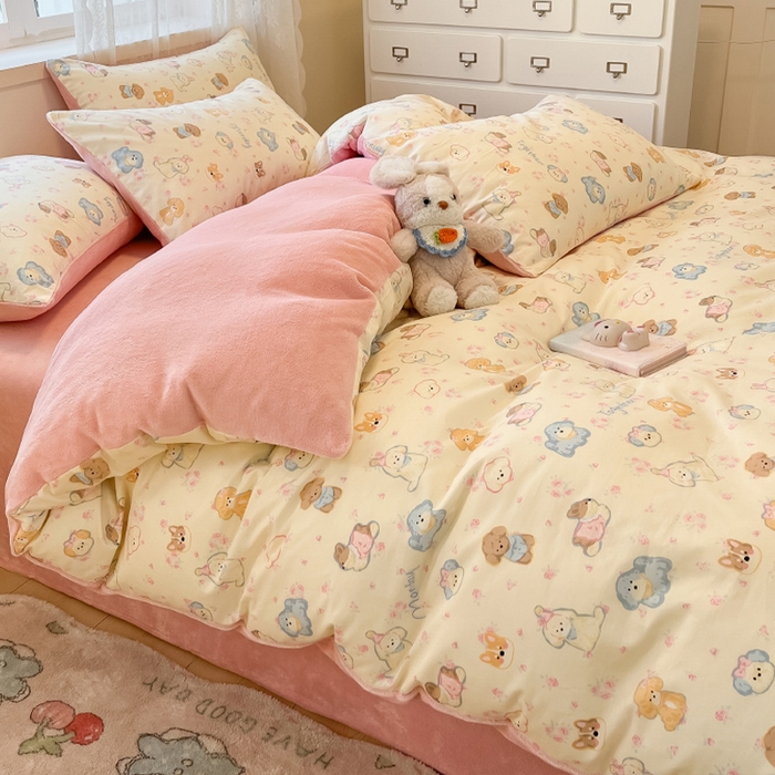 91家纺网 家纺一手货源 找家纺 瑞莱 2025新款秋冬网红款棉加绒四件套 棉绒狗狗家族