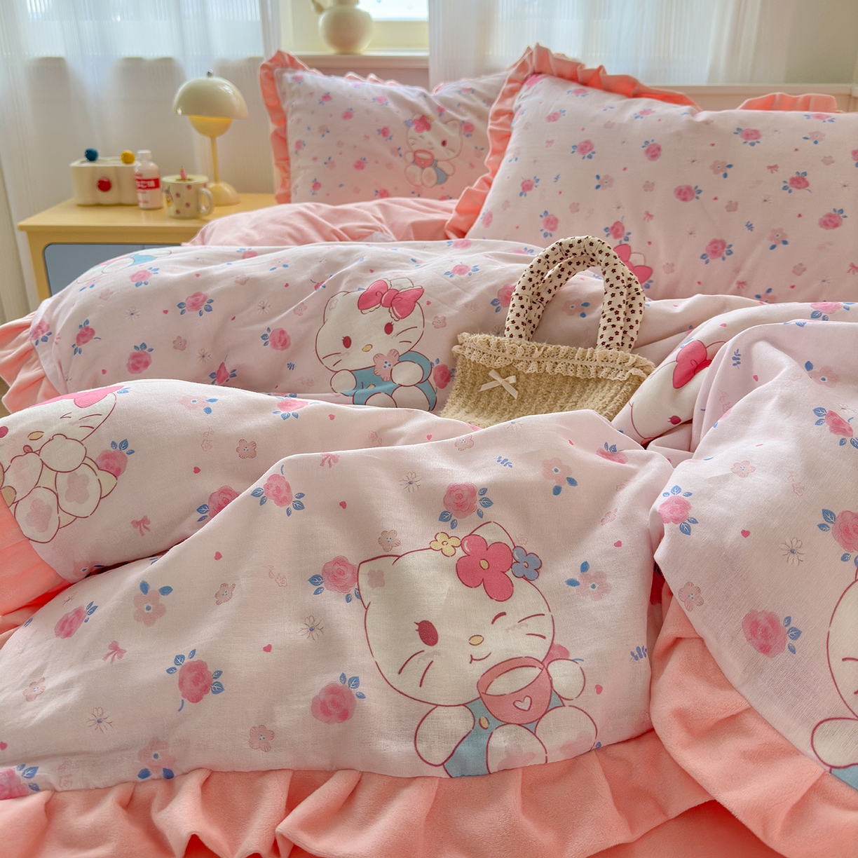 淑女公社家纺 2025秋冬新款纯棉双层纱加韩国绒四件套 甜心宝贝