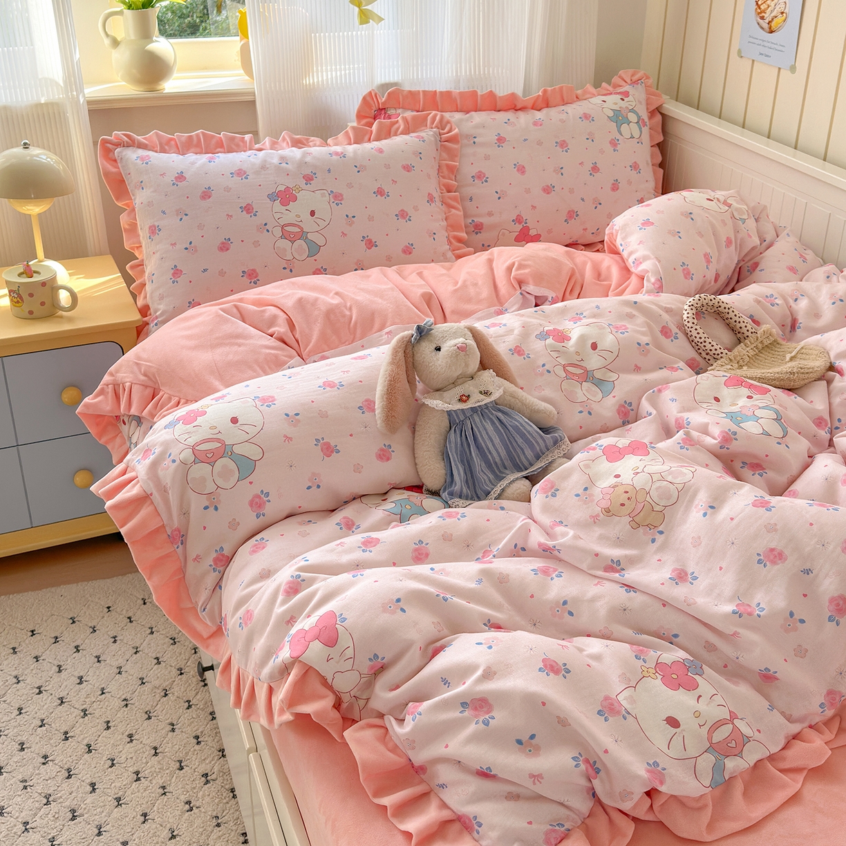 91家纺网 家纺一手货源 找家纺 淑女公社家纺 2025秋冬新款纯棉双层纱加韩国绒四件套 甜心宝贝