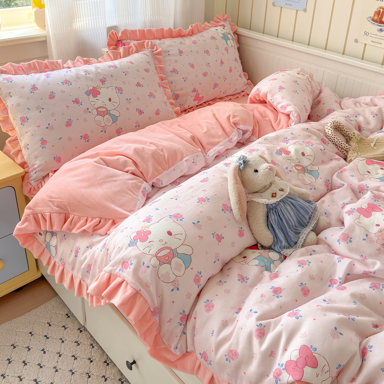 91家纺网 家纺一手货源 找家纺 淑女公社家纺 2025秋冬新款纯棉双层纱加韩国绒四件套 甜心宝贝