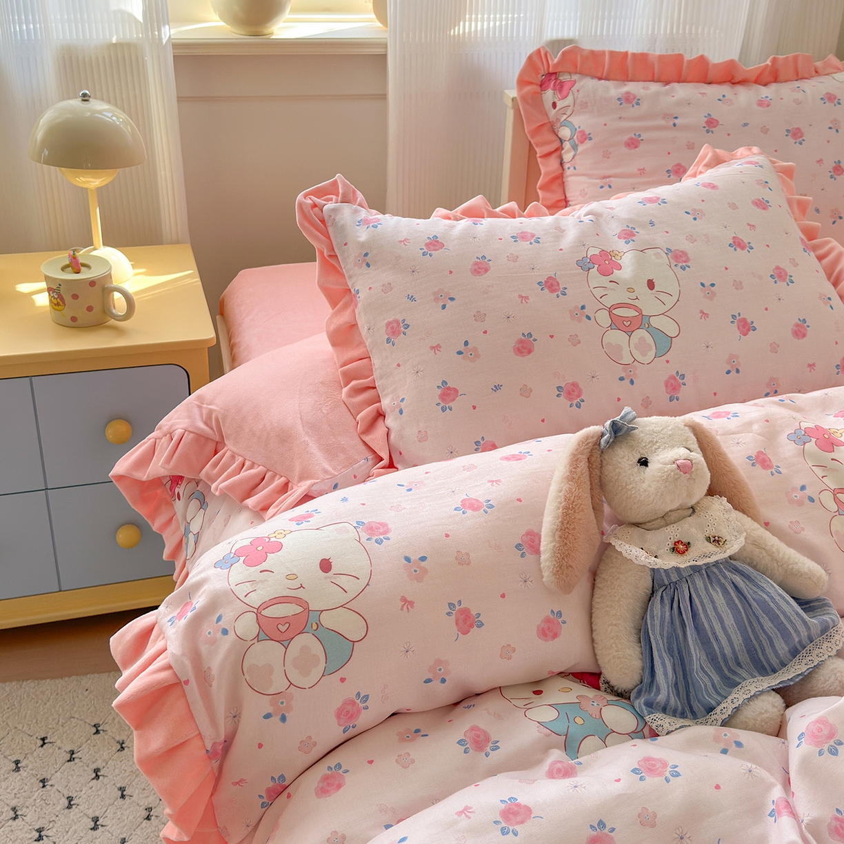 91家纺网 家纺一手货源 找家纺 淑女公社家纺 2025秋冬新款纯棉双层纱加韩国绒四件套 甜心宝贝