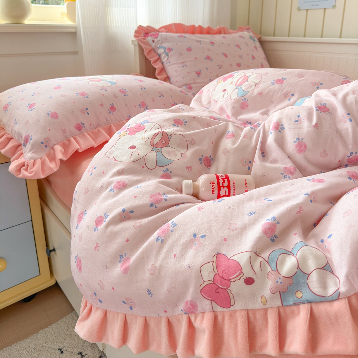 91家纺网 家纺一手货源 找家纺 淑女公社家纺 2025秋冬新款纯棉双层纱加韩国绒四件套 甜心宝贝