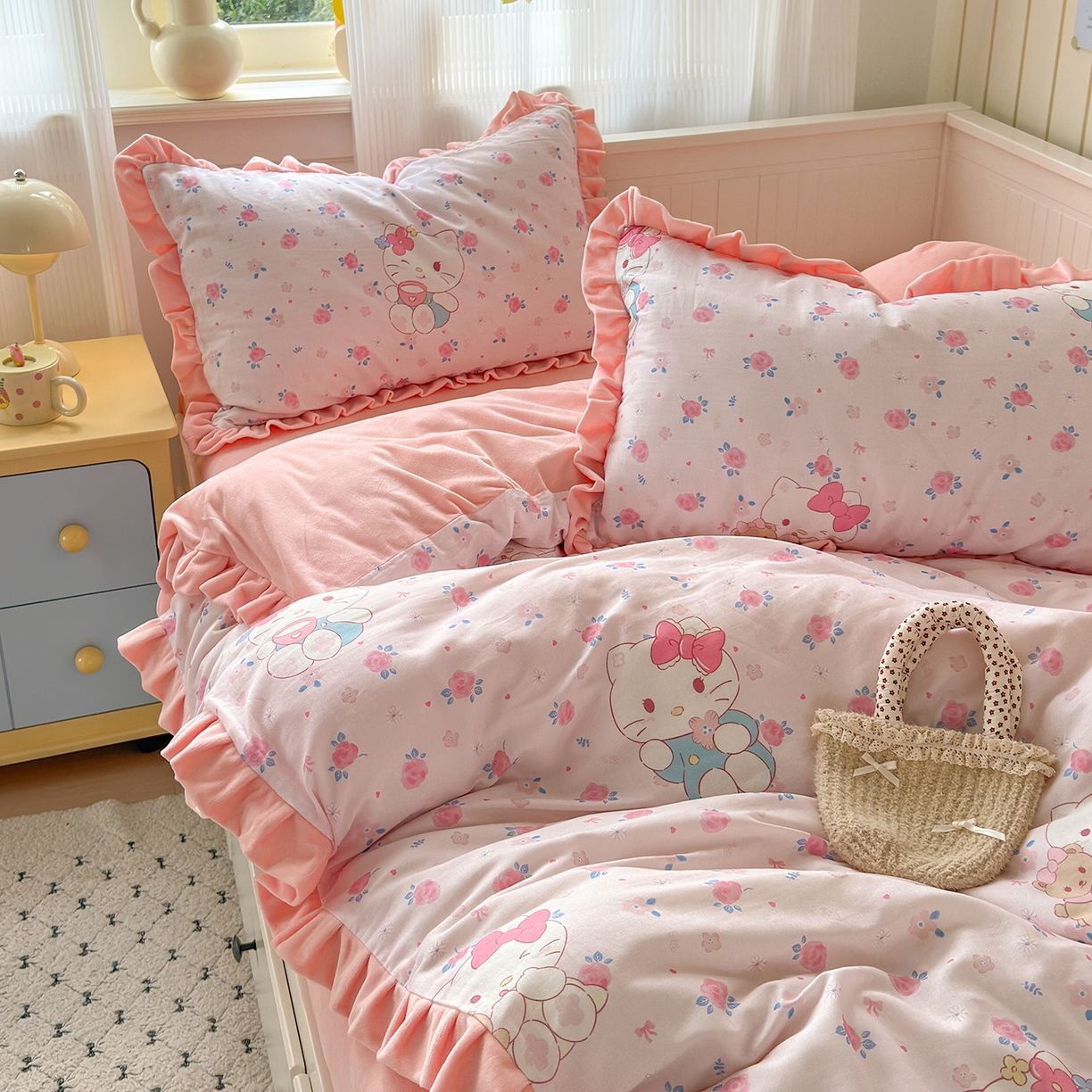 91家纺网 家纺一手货源 找家纺 淑女公社家纺 2025秋冬新款纯棉双层纱加韩国绒四件套 甜心宝贝