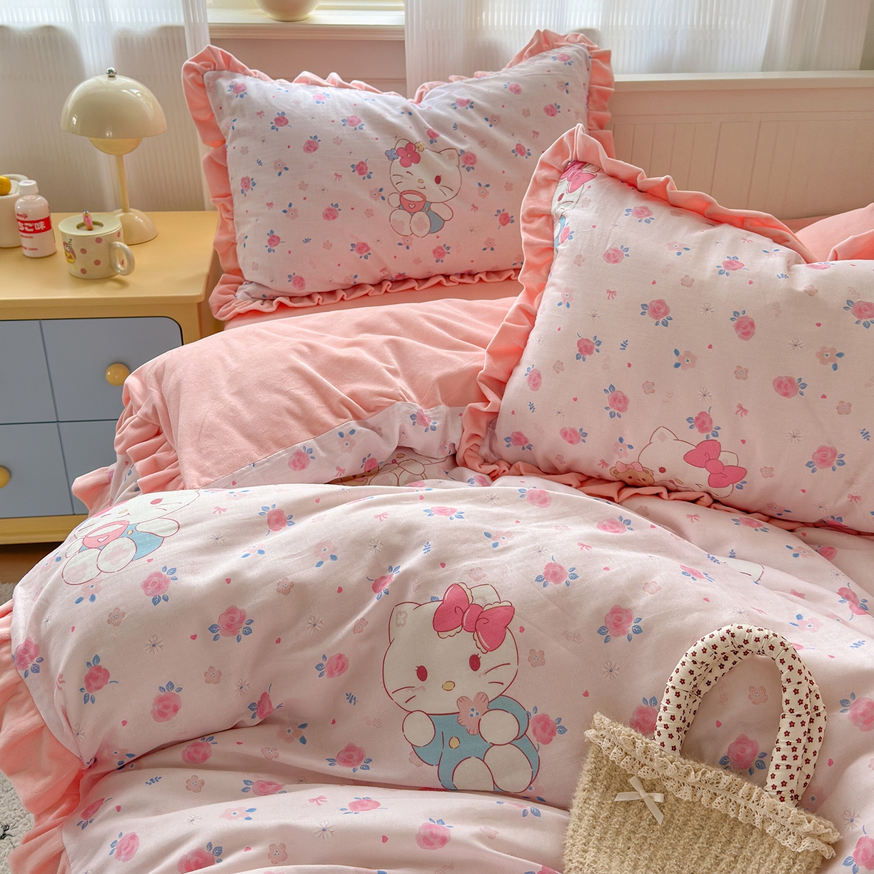 91家纺网 家纺一手货源 找家纺 淑女公社家纺 2025秋冬新款纯棉双层纱加韩国绒四件套 甜心宝贝