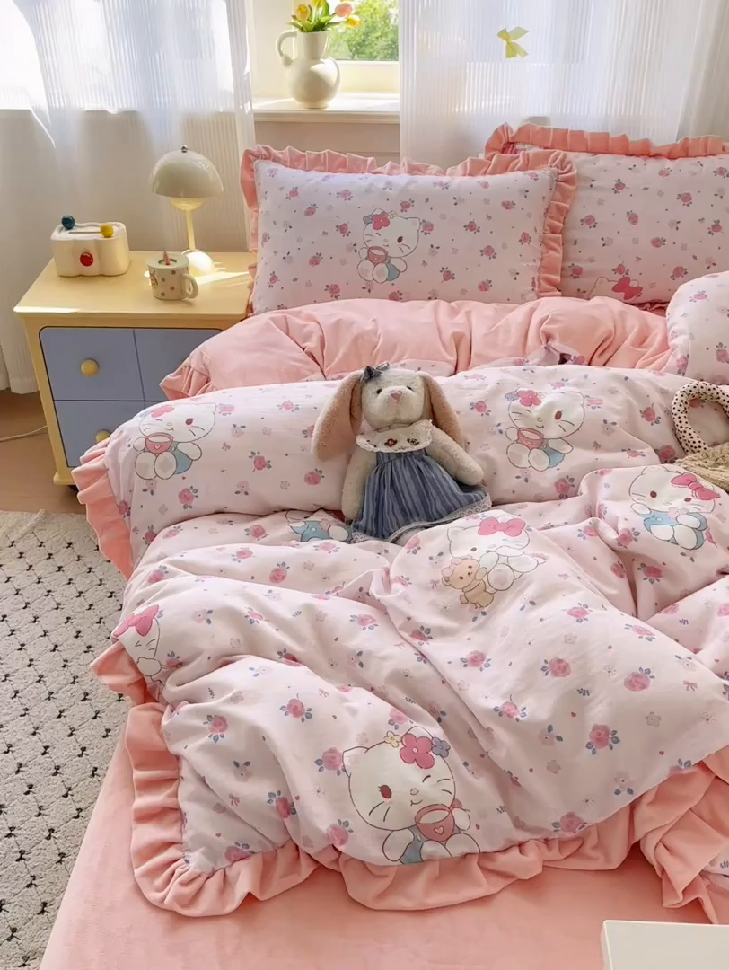 91家纺网 家纺一手货源 找家纺 淑女公社家纺 2025秋冬新款纯棉双层纱加韩国绒四件套 甜心宝贝