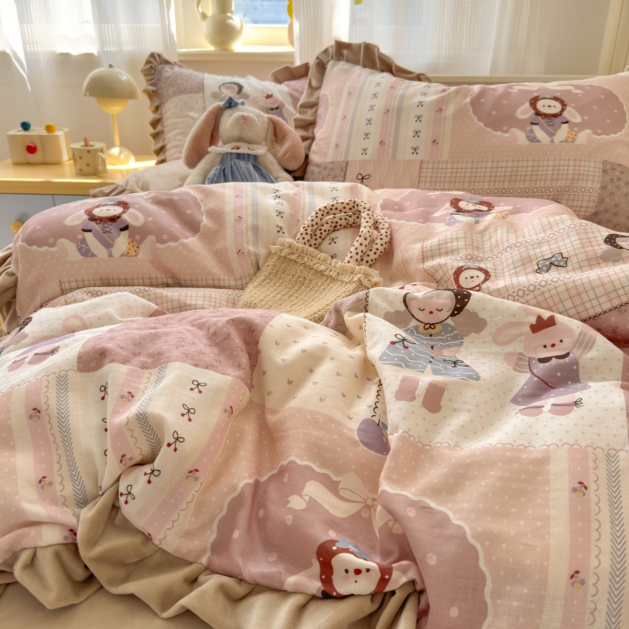 淑女公社家纺 2025秋冬新款纯棉双层纱加韩国绒四件套 童趣