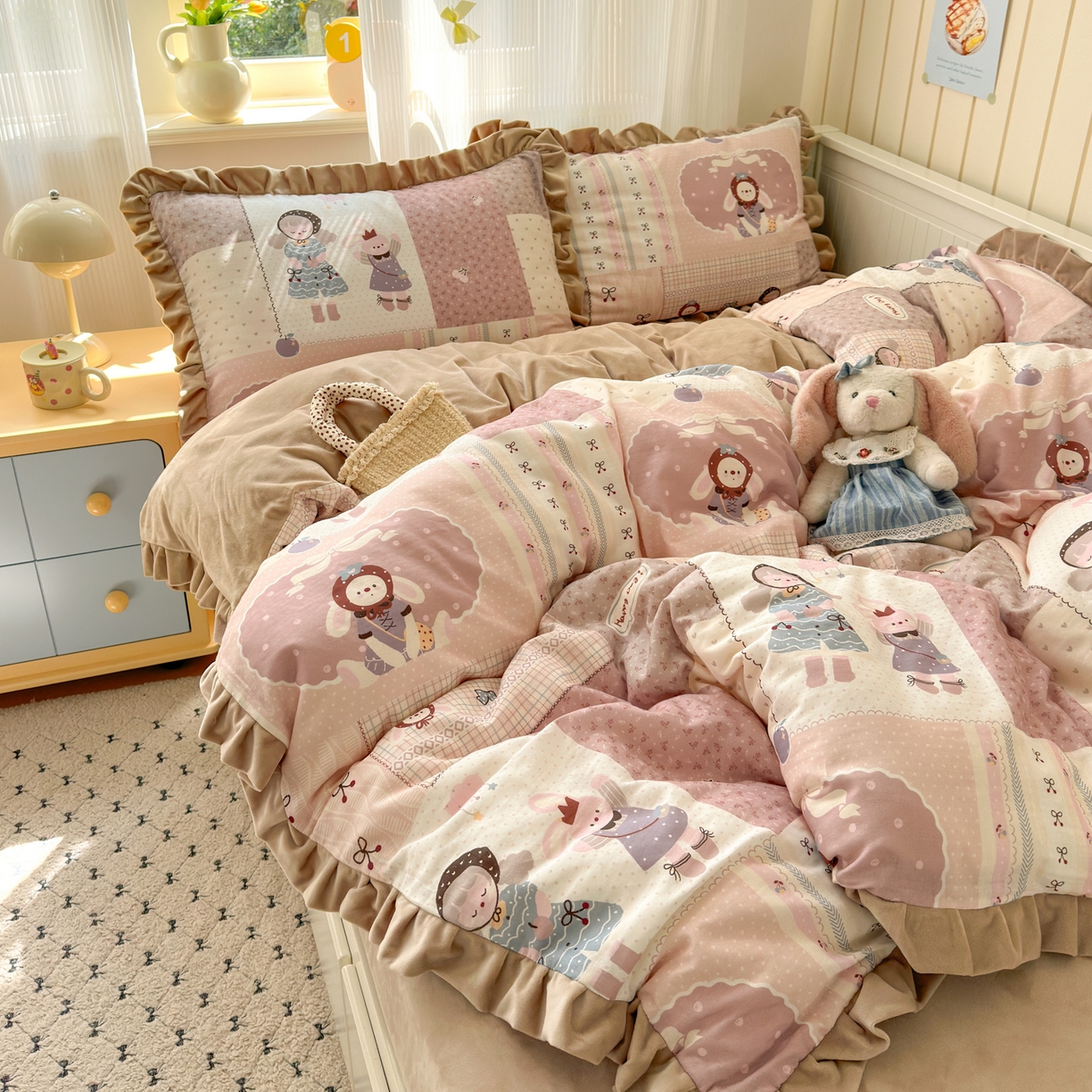 91家纺网 家纺一手货源 找家纺 淑女公社家纺 2025秋冬新款纯棉双层纱加韩国绒四件套 童趣