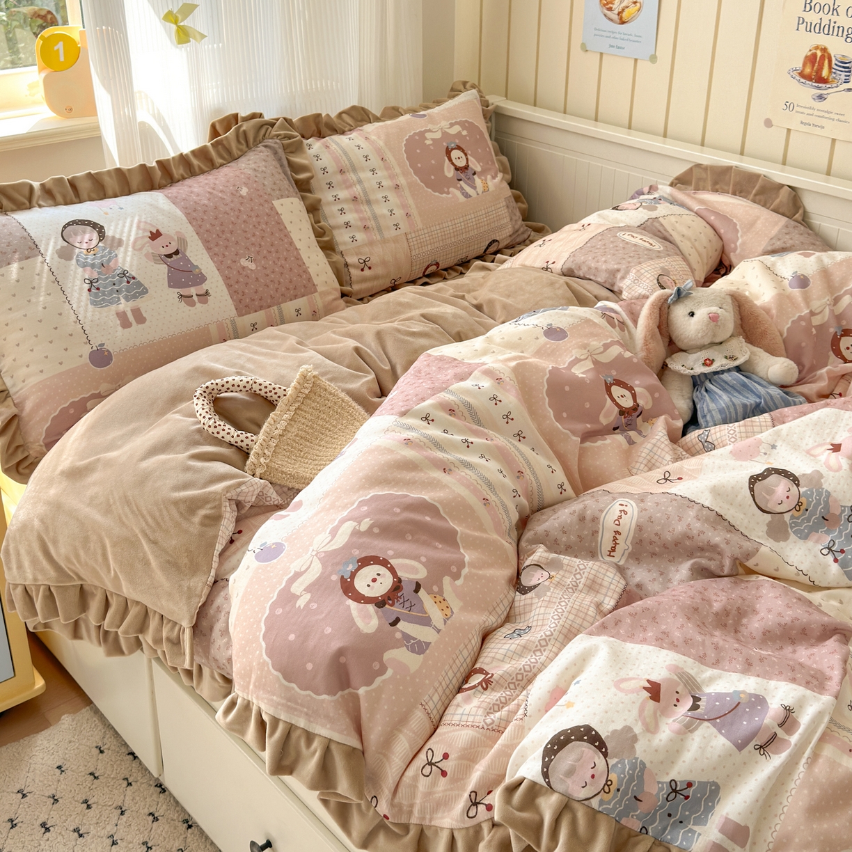 91家纺网 家纺一手货源 找家纺 淑女公社家纺 2025秋冬新款纯棉双层纱加韩国绒四件套 童趣