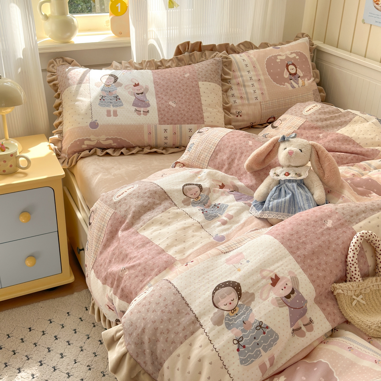 91家纺网 家纺一手货源 找家纺 淑女公社家纺 2025秋冬新款纯棉双层纱加韩国绒四件套 童趣