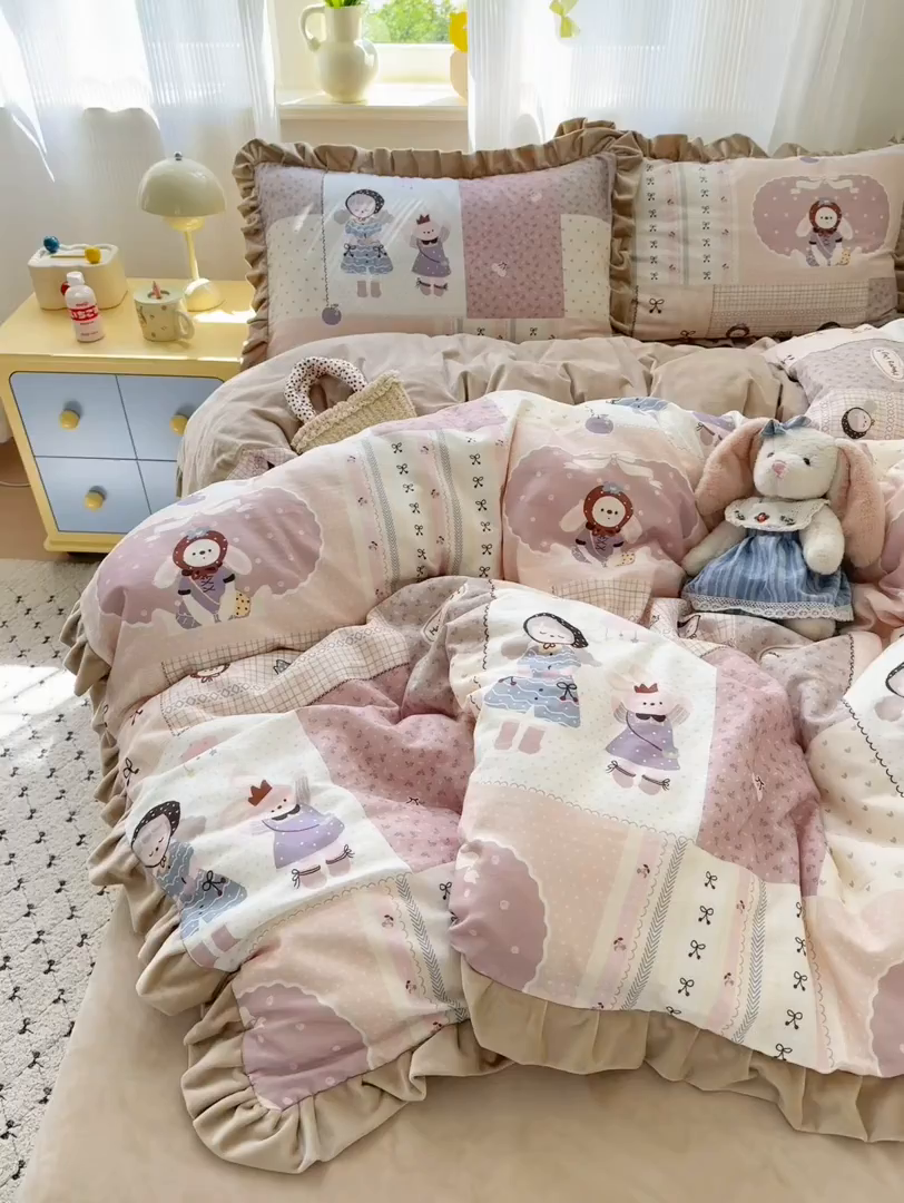 91家纺网 家纺一手货源 找家纺 淑女公社家纺 2025秋冬新款纯棉双层纱加韩国绒四件套 童趣