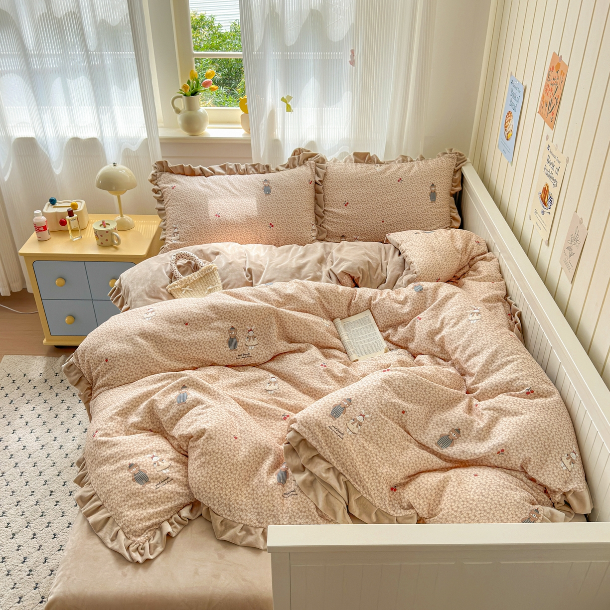 91家纺网 家纺一手货源 找家纺 淑女公社家纺 2025秋冬新款纯棉双层纱加韩国绒四件套 熊先生与兔小姐