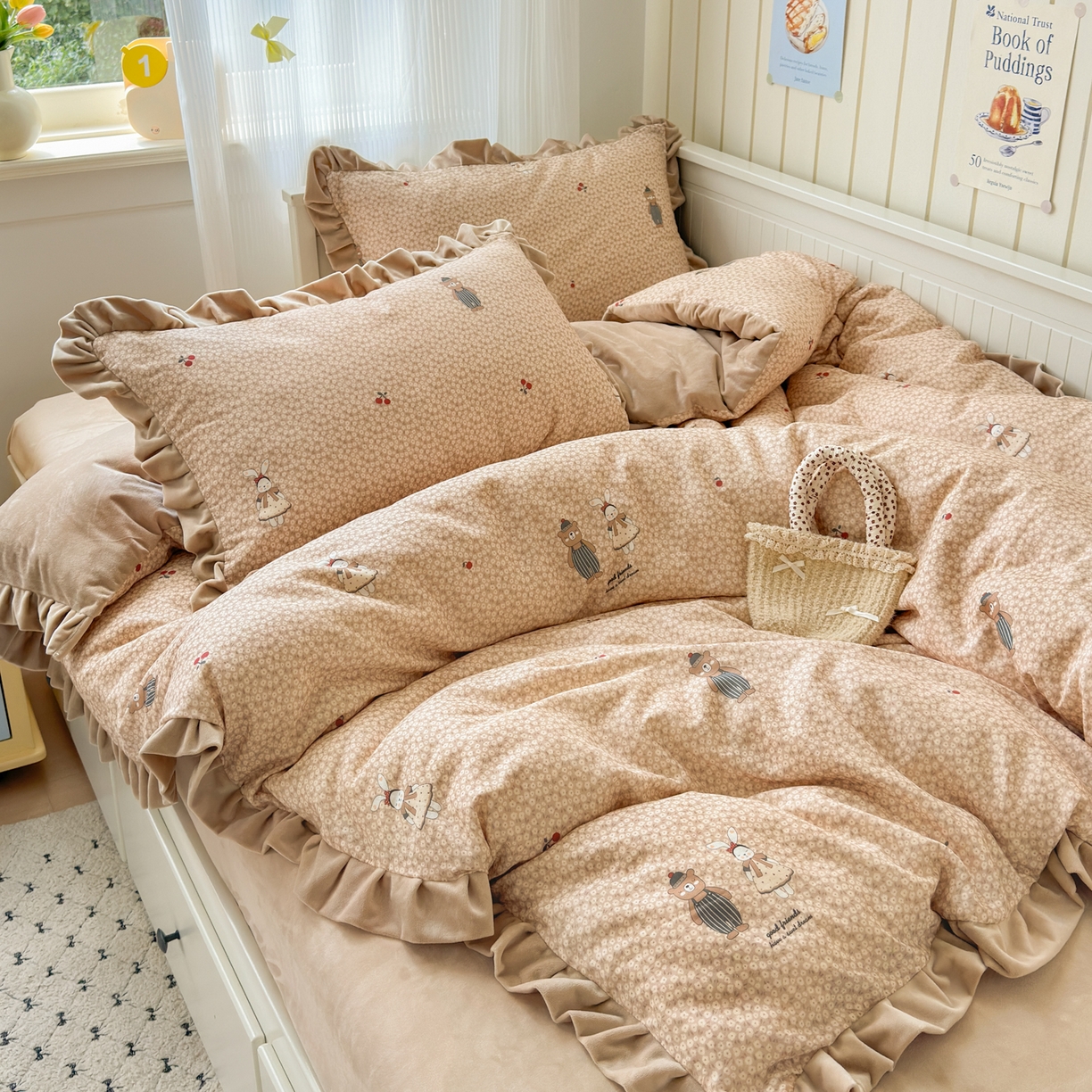 91家纺网 家纺一手货源 找家纺 淑女公社家纺 2025秋冬新款纯棉双层纱加韩国绒四件套 熊先生与兔小姐