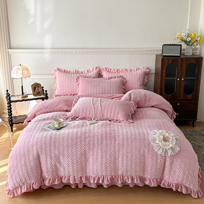 乐嘉盈2025年新款纯色刺绣床裙款牛奶绒四件套-云栖 云栖-豆沙