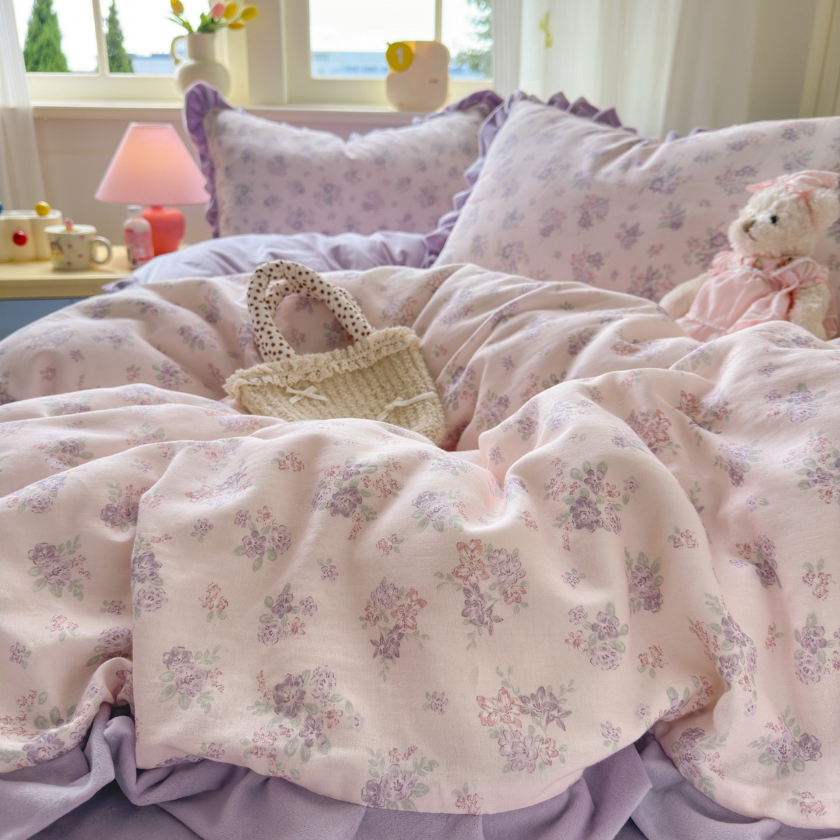 淑女公社家纺 2025秋冬新款纯棉双层纱加韩国绒四件套 紫韵