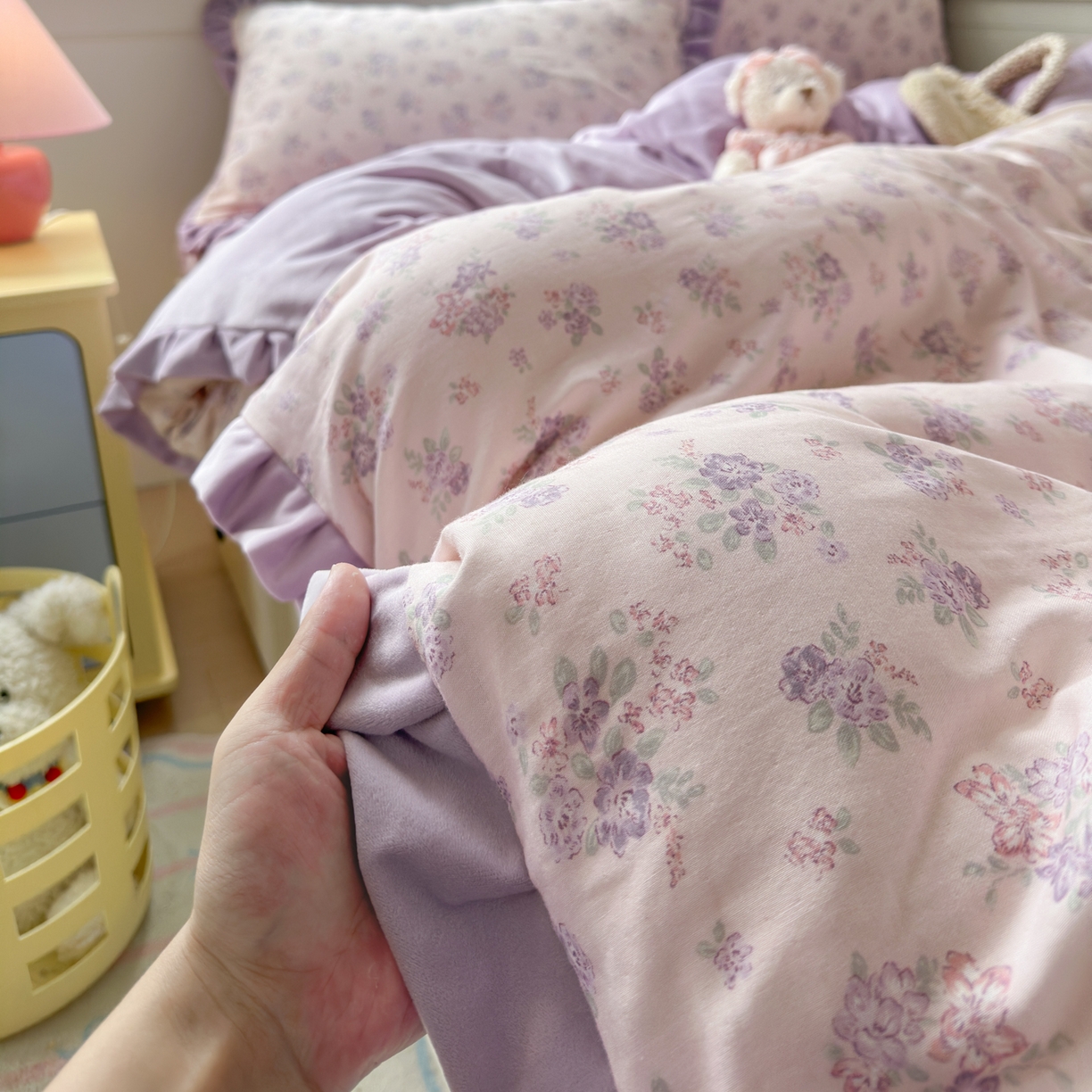 91家纺网 家纺一手货源 找家纺 淑女公社家纺 2025秋冬新款纯棉双层纱加韩国绒四件套 紫韵