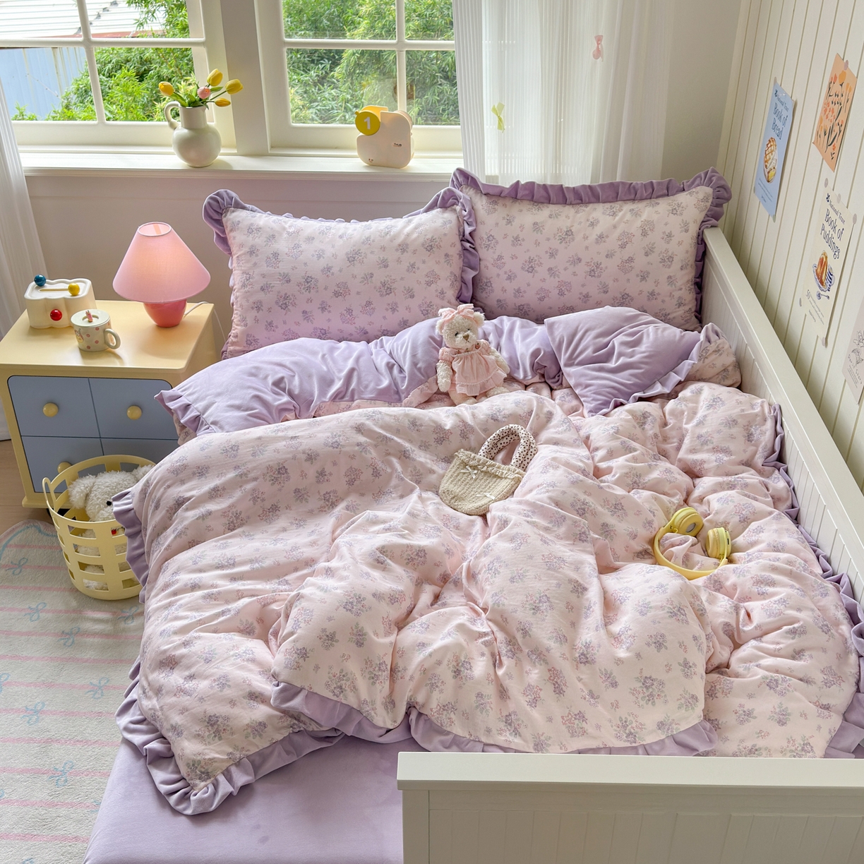 91家纺网 家纺一手货源 找家纺 淑女公社家纺 2025秋冬新款纯棉双层纱加韩国绒四件套 紫韵