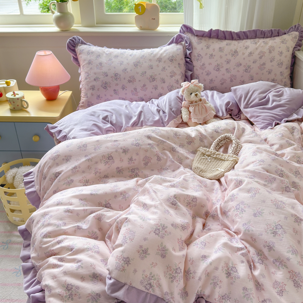 91家纺网 家纺一手货源 找家纺 淑女公社家纺 2025秋冬新款纯棉双层纱加韩国绒四件套 紫韵